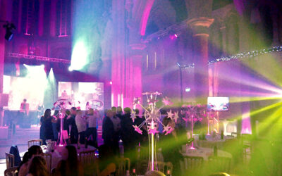 Gorton Monastery Manchester Lighting Multi colour beams, two large projector screens showing a live image of the band on stage