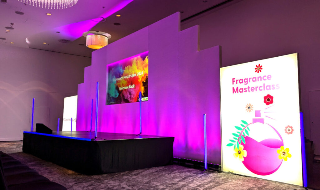 Stage and set for a conference with lighting and Astera tubes. There is a projection in the centre of the stage set.